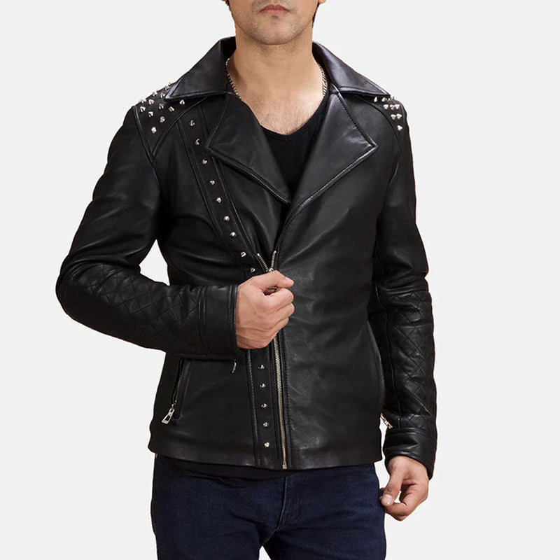 Men's Black Studded Leather Biker Jacket. Asymmetrical double rider style with quilted sleeves and silver stud detailing.
