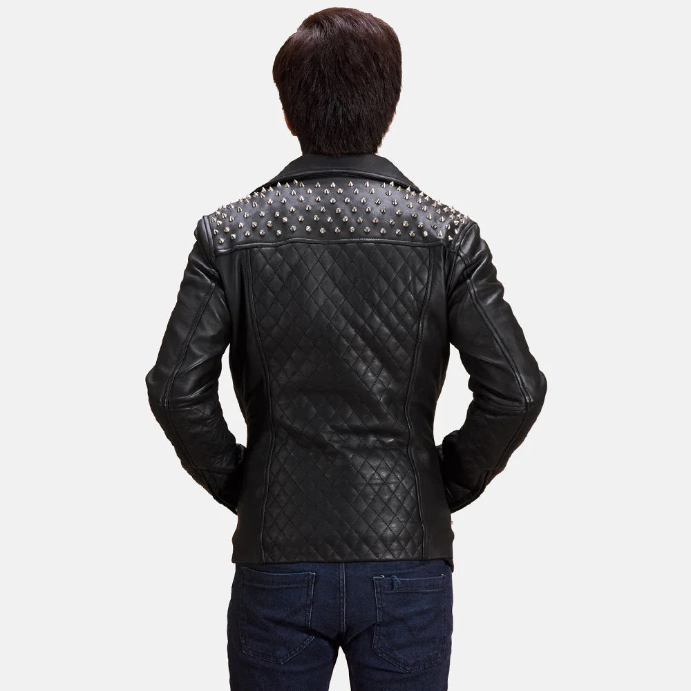 Black studded leather jacket. Double rider, silver studs, quilted sleeves, motorcycle style.