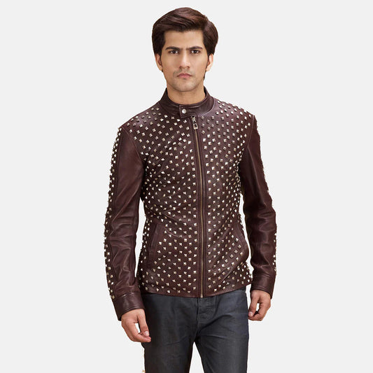 Men's Blix Bono studded maroon leather biker jacket. Cafe racer style fully covered in silver pyramid studs.