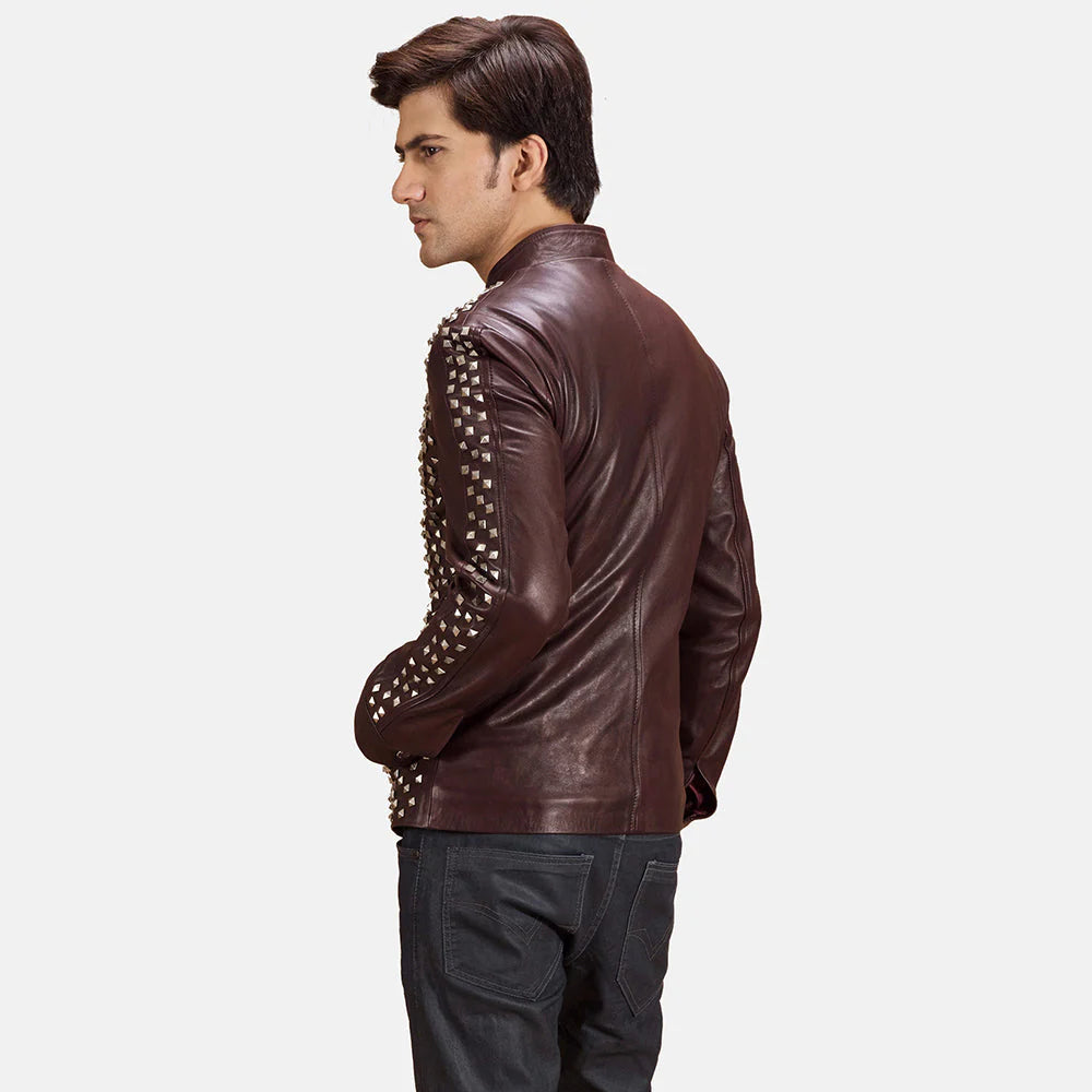 Maroon studded leather jacket. Pyramid studs, cafe racer, dark brown, statement jacket.