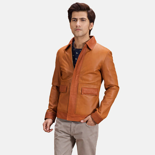 Men's Hubert two-tone tan brown leather bomber jacket. Features a shirt collar and color block design.