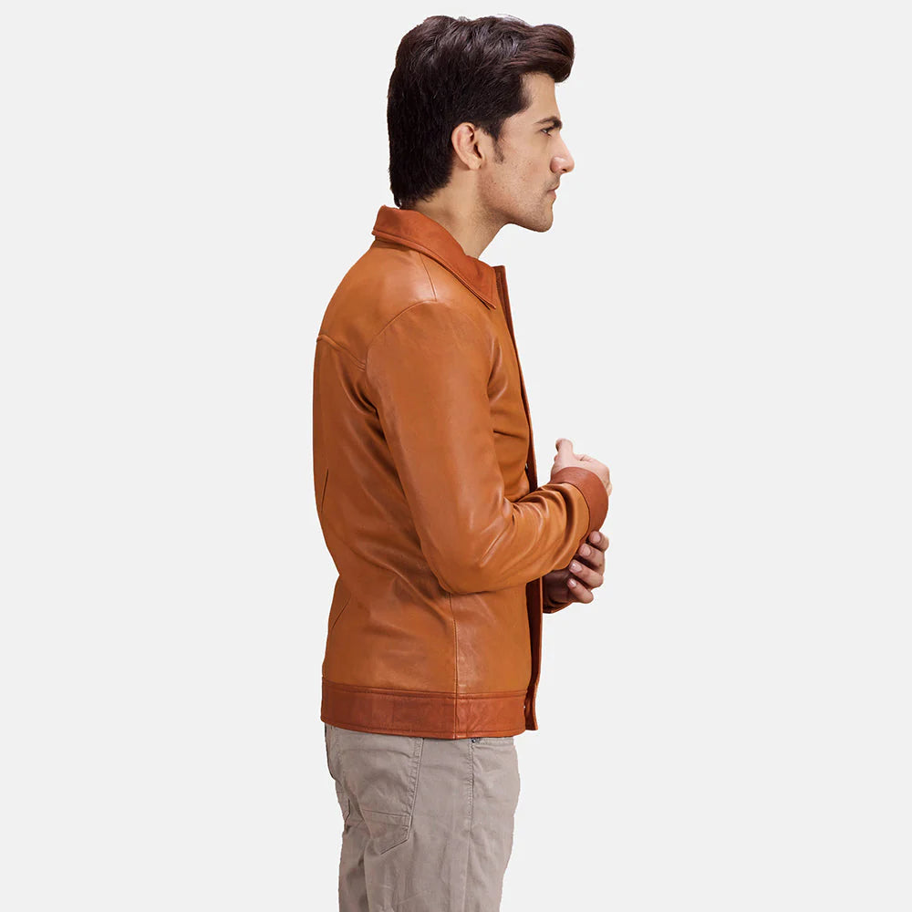 Stylish two-tone brown leather jacket for men, offering a unique color-block pattern and a versatile shirt-collar design.