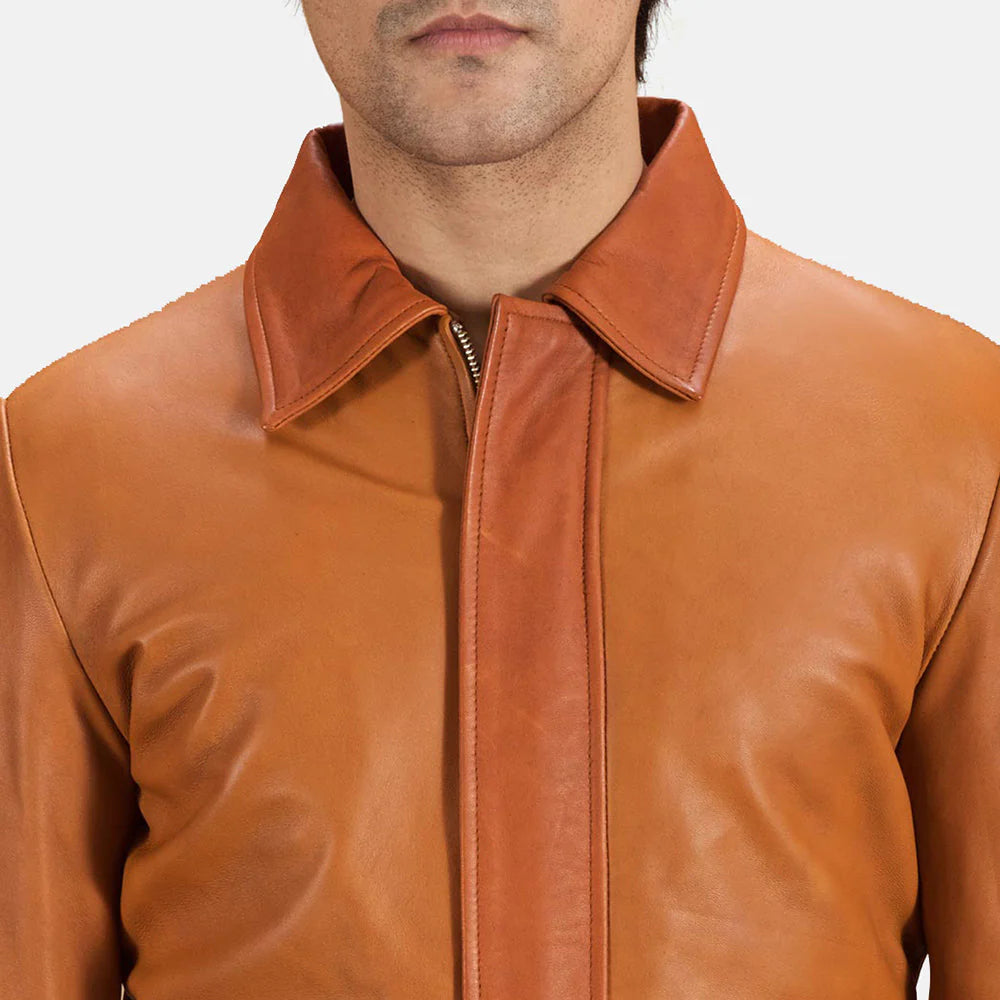Tan brown leather bomber jacket. Two-tone, shirt collar, patch pockets, retro style.