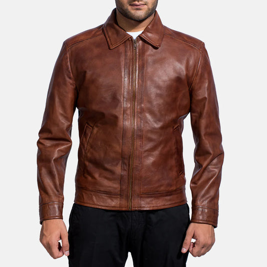 Men's Inferno brown leather jacket. Features a classic shirt collar and minimalist front zip design.