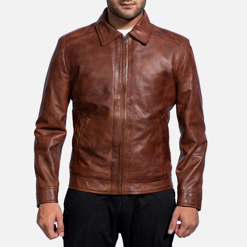 Men's Inferno brown leather jacket. Features a classic shirt collar and minimalist front zip design.