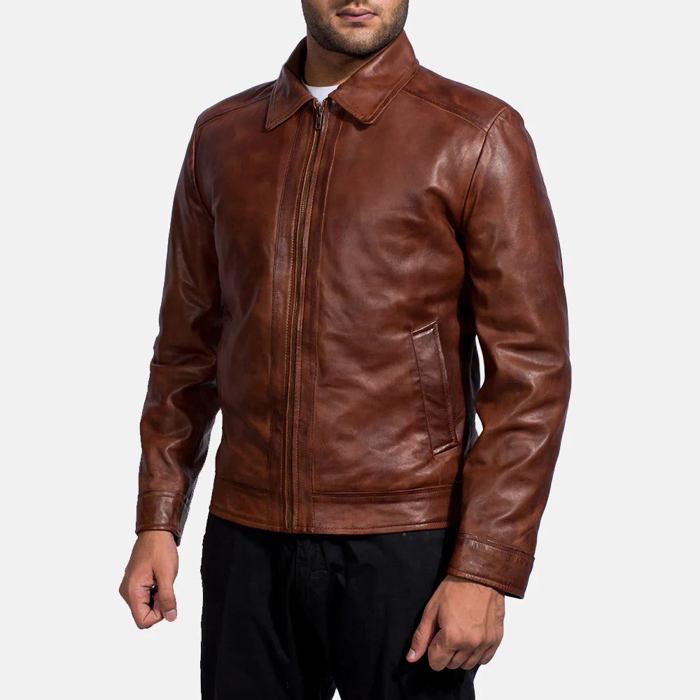 Brown leather jacket. Shirt collar, full zip, minimalist, casual moto style.