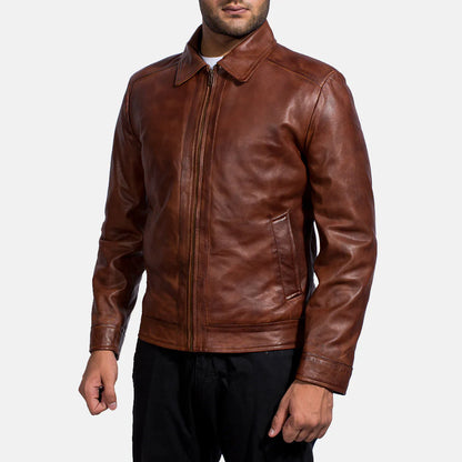 Brown leather jacket. Shirt collar, full zip, minimalist, casual moto style.