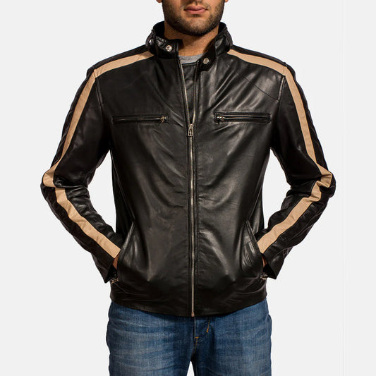 Front view of a black sheepskin leather jacket, featuring a snap collar, zippered chest pockets, and horizontal tan stripes over the shoulders and down the sleeves.