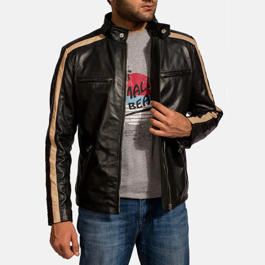 Men's Jack black leather racer jacket with tan racing stripes on shoulders and sleeves."