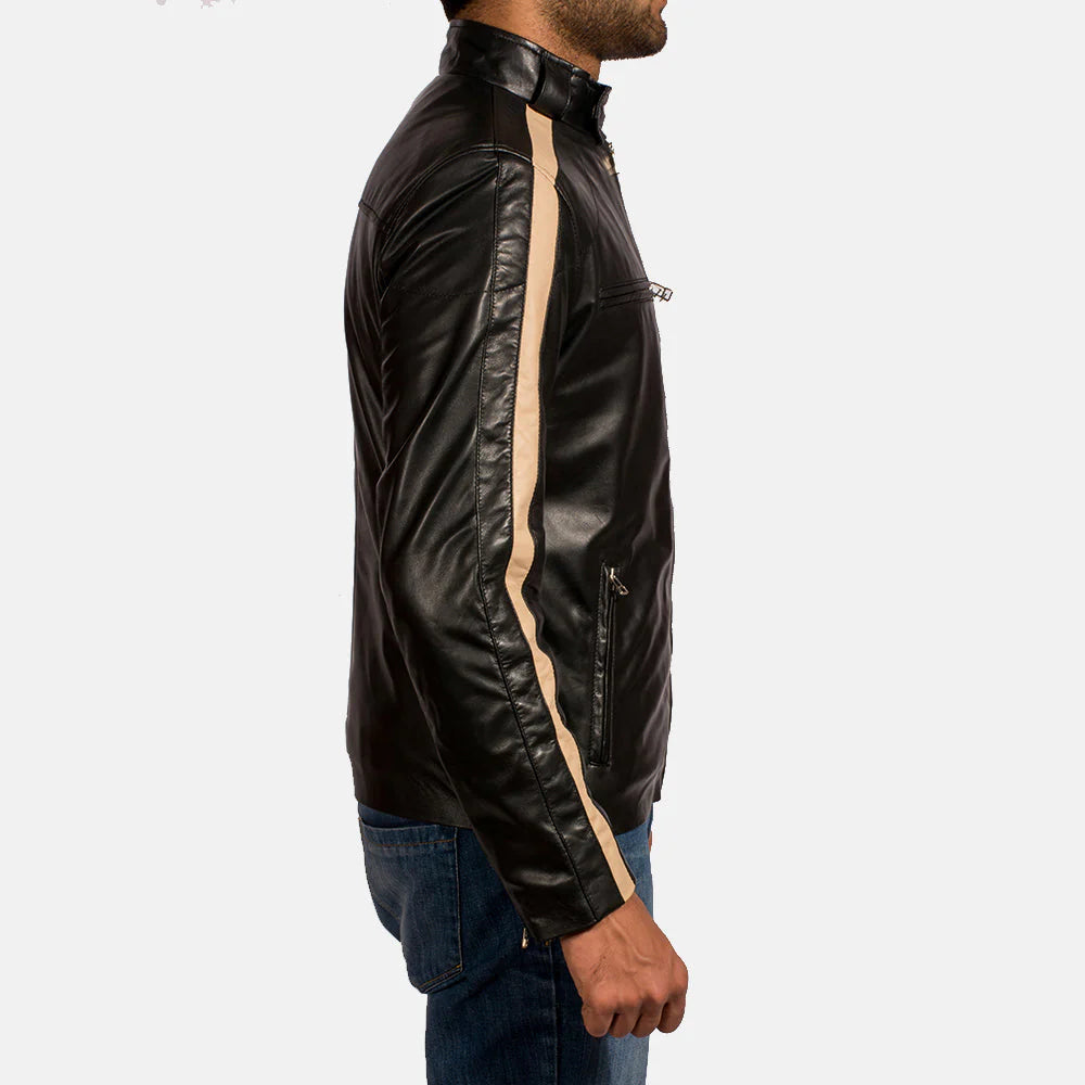 Soft sheepskin black leather jacket for men, offering a retro racing look with bold tan stripe details.
