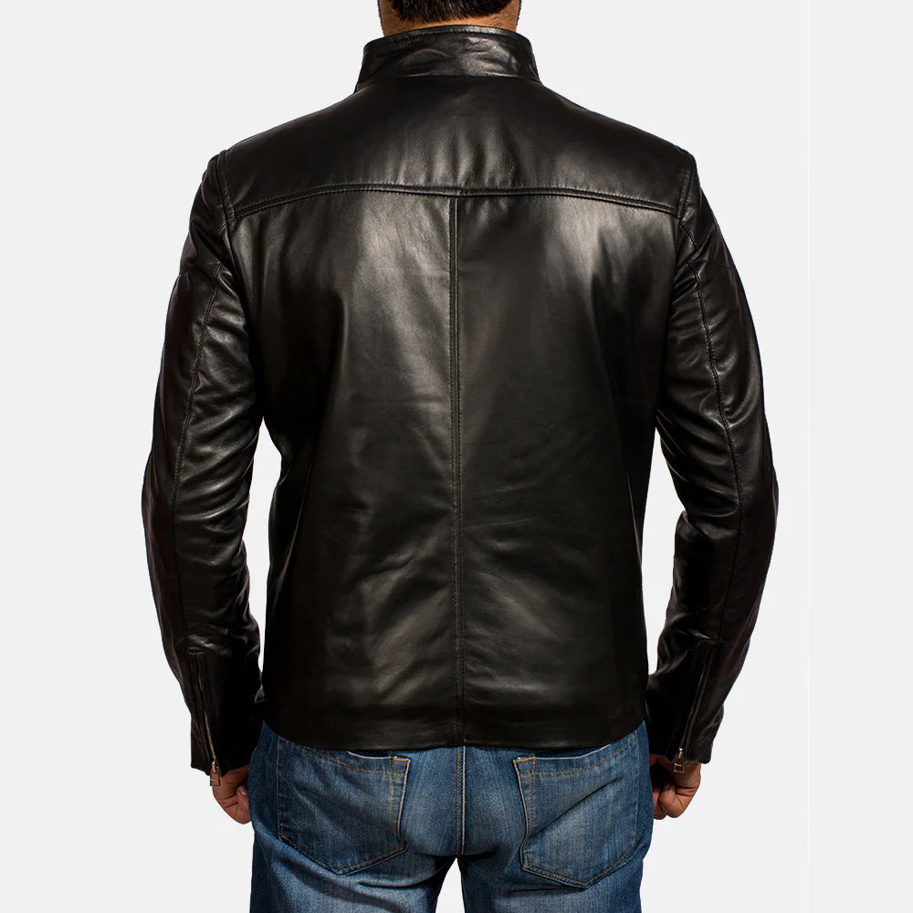 Black leather jacket with tan stripes. Racer, sheepskin, snap collar, vintage moto style.