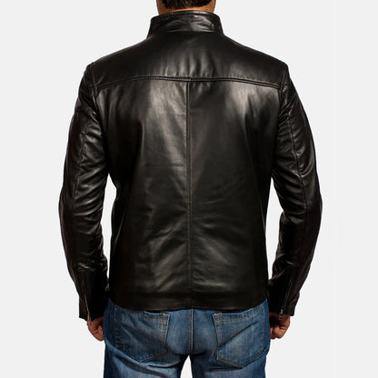 Black leather jacket with tan stripes. Racer, sheepskin, snap collar, vintage moto style.