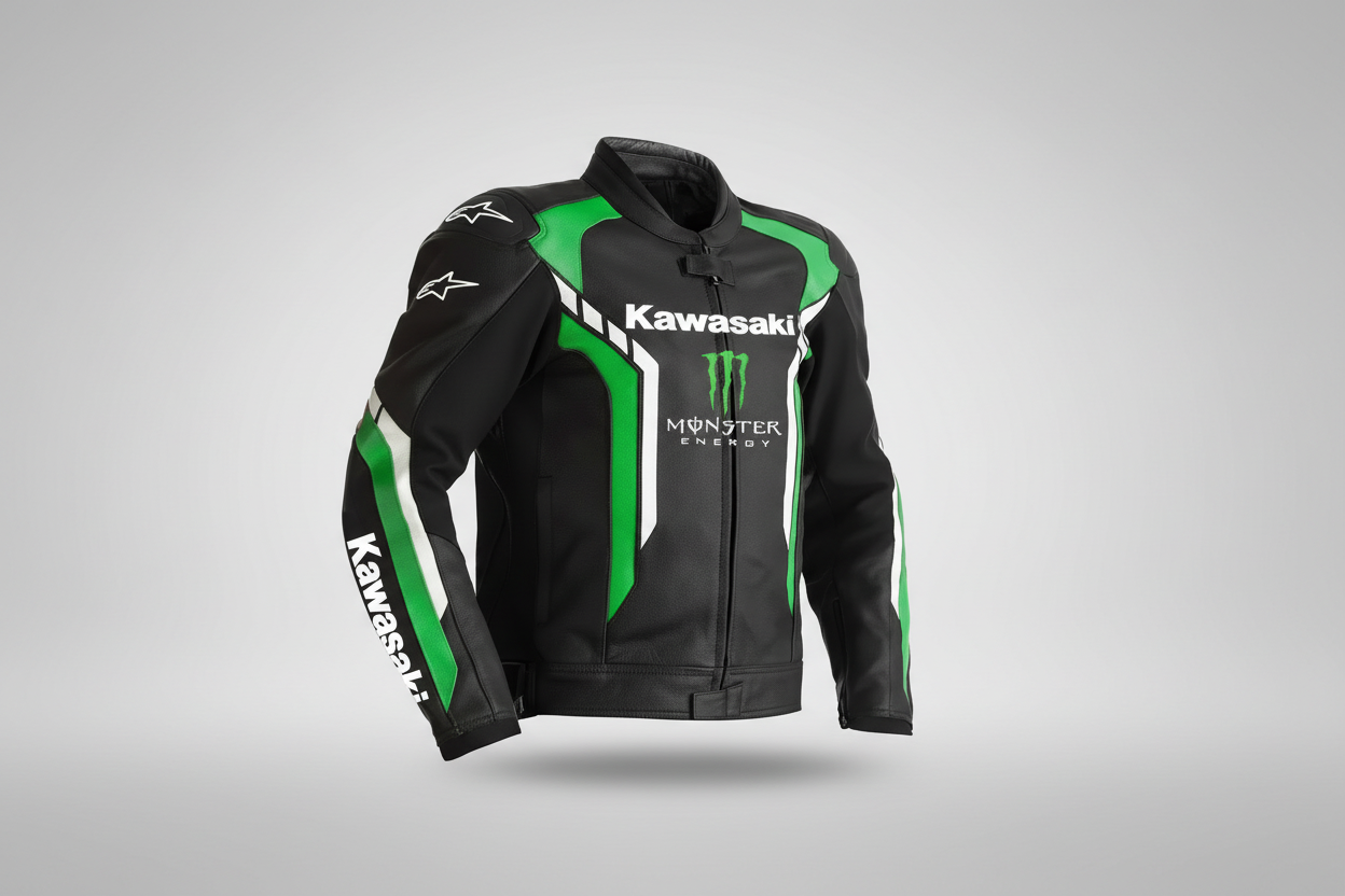 Kawasaki black, green, and white leather motorcycle racing jacket with Monster Energy branding and integrated armor.