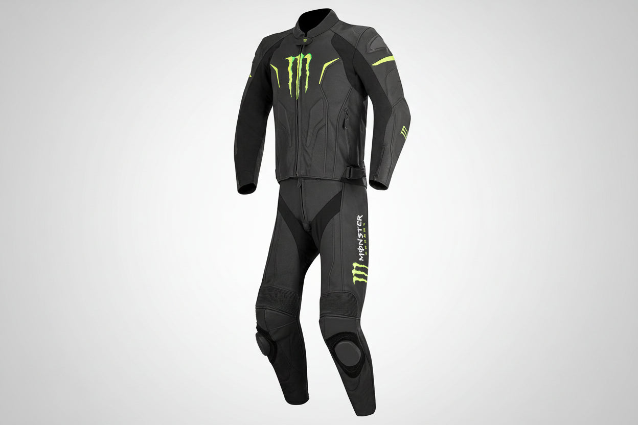 Monster Energy professional one-piece leather racing suit in black and green with integrated armor.