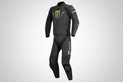Monster Energy professional one-piece leather racing suit in black and green with integrated armor.