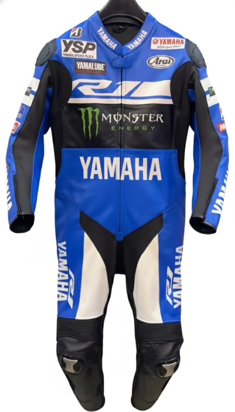 Yamaha Monster Energy black and blue leather motorcycle racing suit with professional sponsor patches and integrated armor.