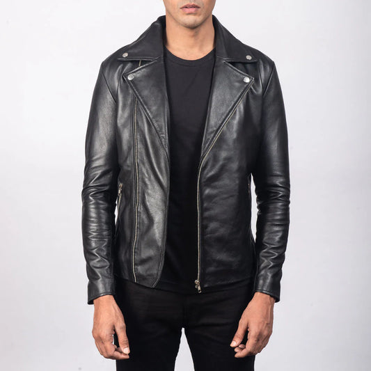 Front view of a man modeling an open black sheepskin leather jacket, showing the asymmetrical zipper and clean, classic double rider design.
