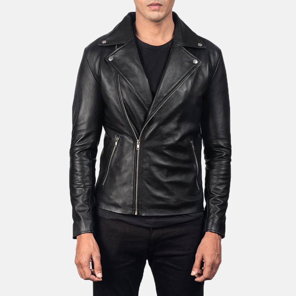 Premium sheepskin black leather jacket for men, offering the soft feel and iconic look of the classic double rider style.