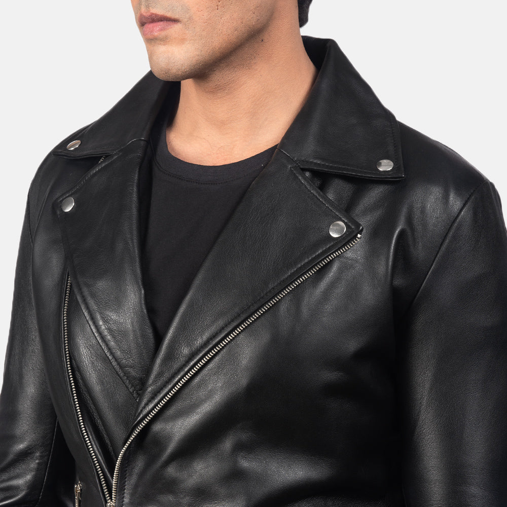 Black leather double rider jacket. Sheepskin, asymmetrical zipper, classic moto style.