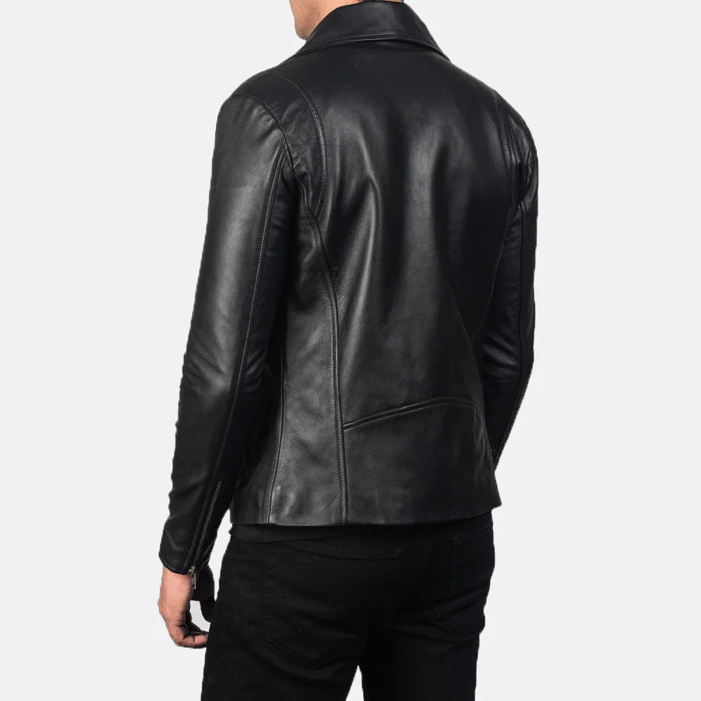 Smooth black leather motorcycle jacket with silver hardware, zippered pockets, and snap-down notched lapels.