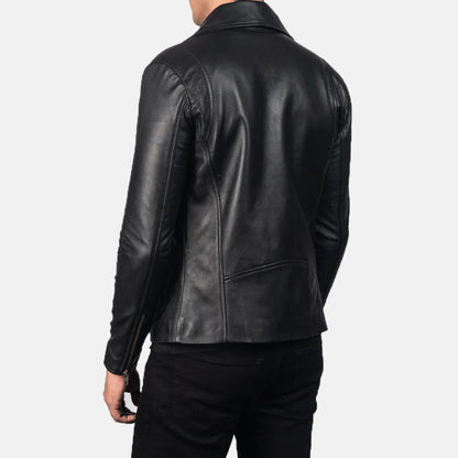 Smooth black leather motorcycle jacket with silver hardware, zippered pockets, and snap-down notched lapels.