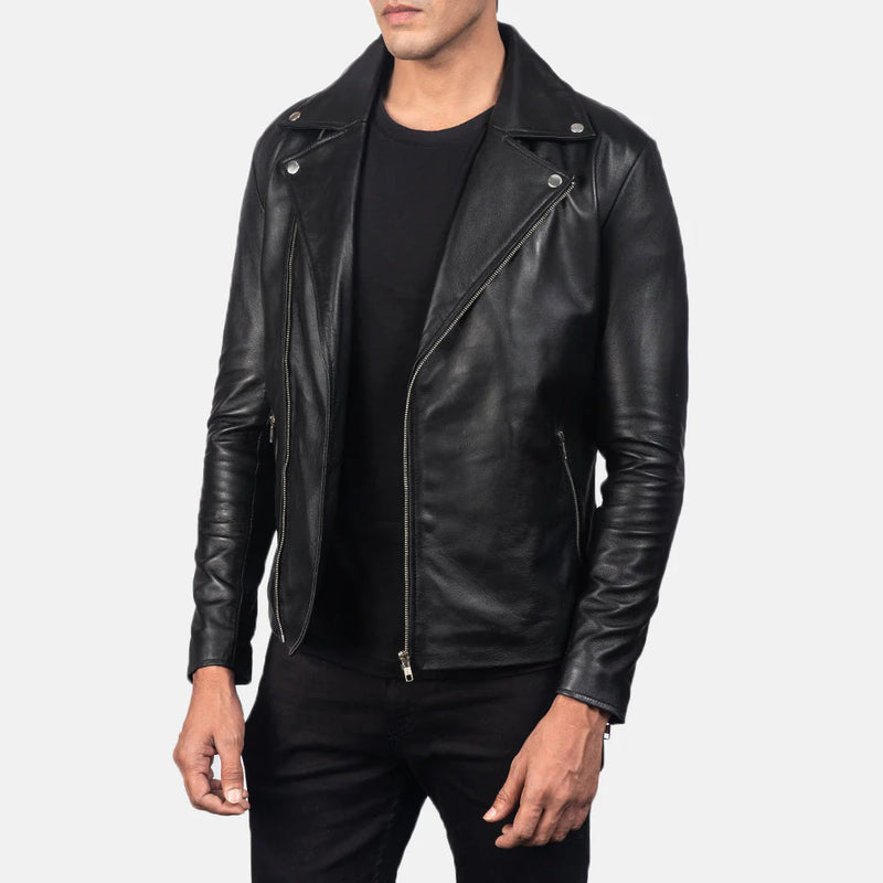 Men's Noah classic black leather double rider biker jacket. Asymmetrical zip and wide notched lapels.
