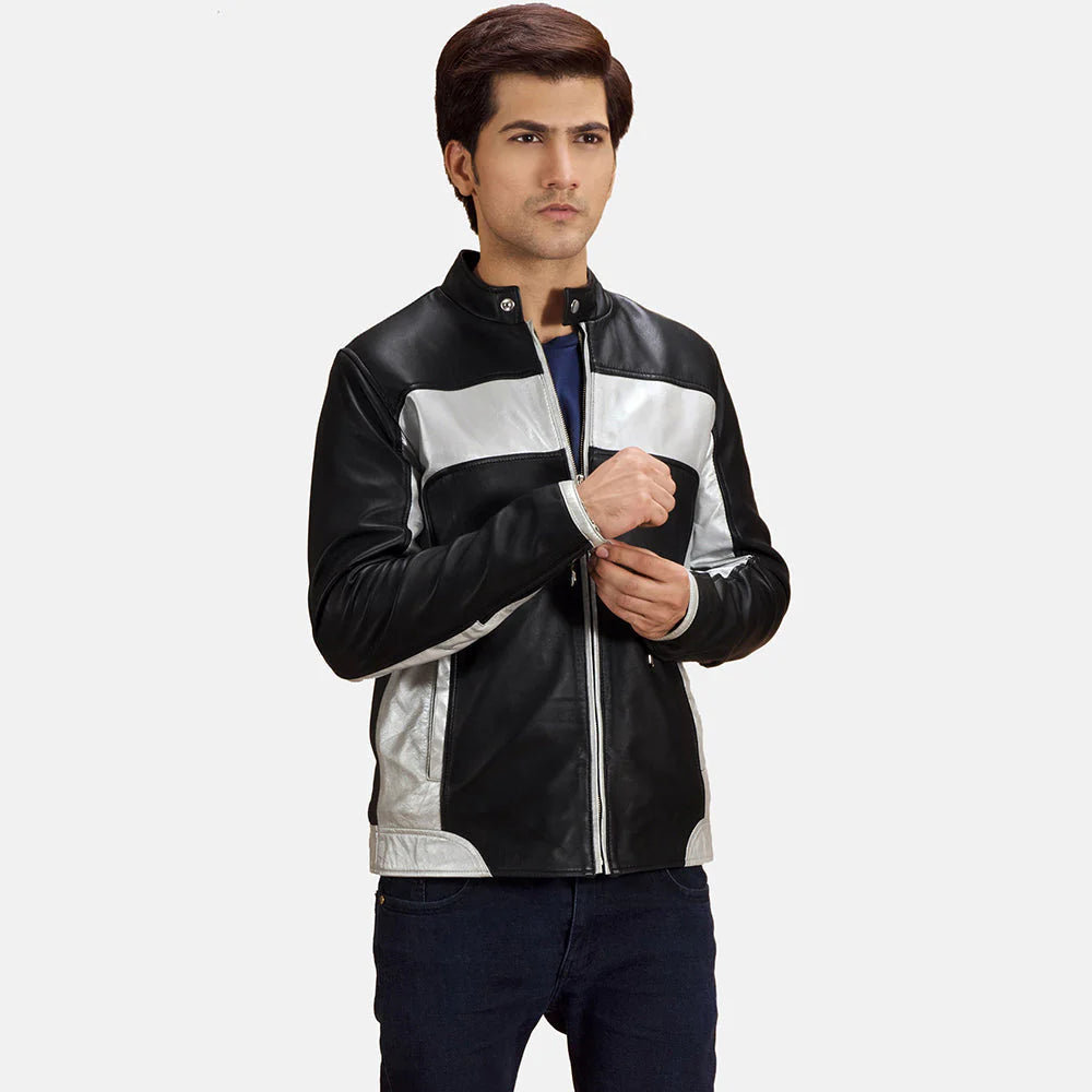 Men's Spade black and silver two-tone leather bomber jacket. Color block style with ribbed cuffs and band collar.