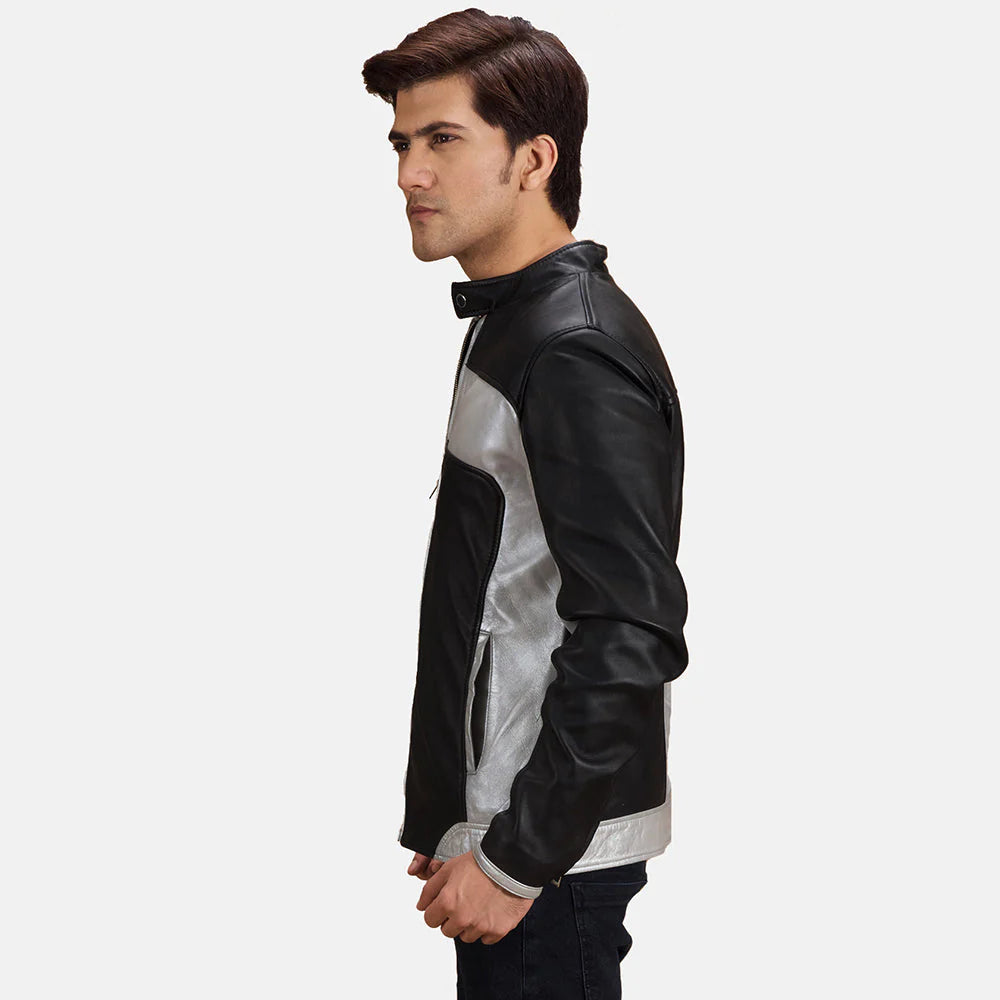 Unique two-tone black and silver leather bomber jacket for men, offering a high-impact, retro color-block design.