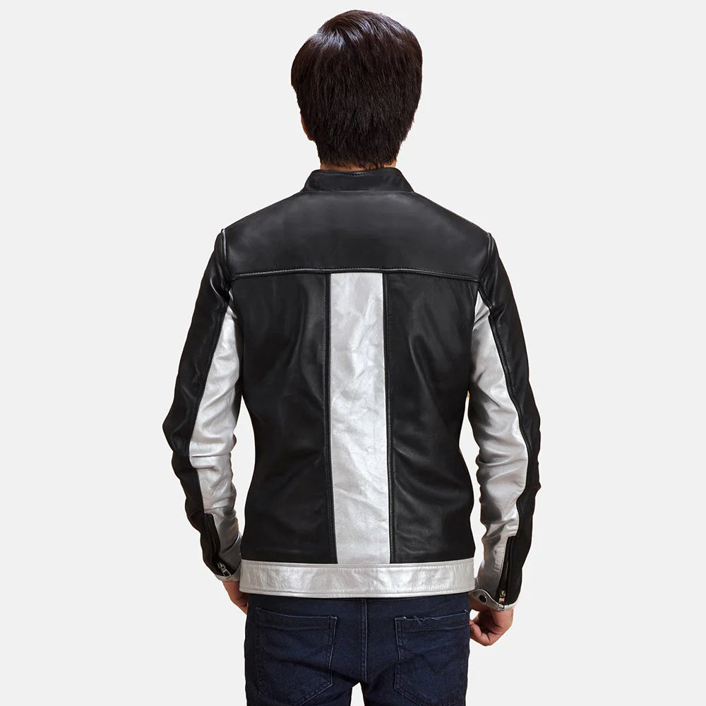 Black and silver leather bomber. Two-tone, color block, snap collar, ribbed hem.