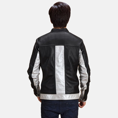 Black and silver leather bomber. Two-tone, color block, snap collar, ribbed hem.