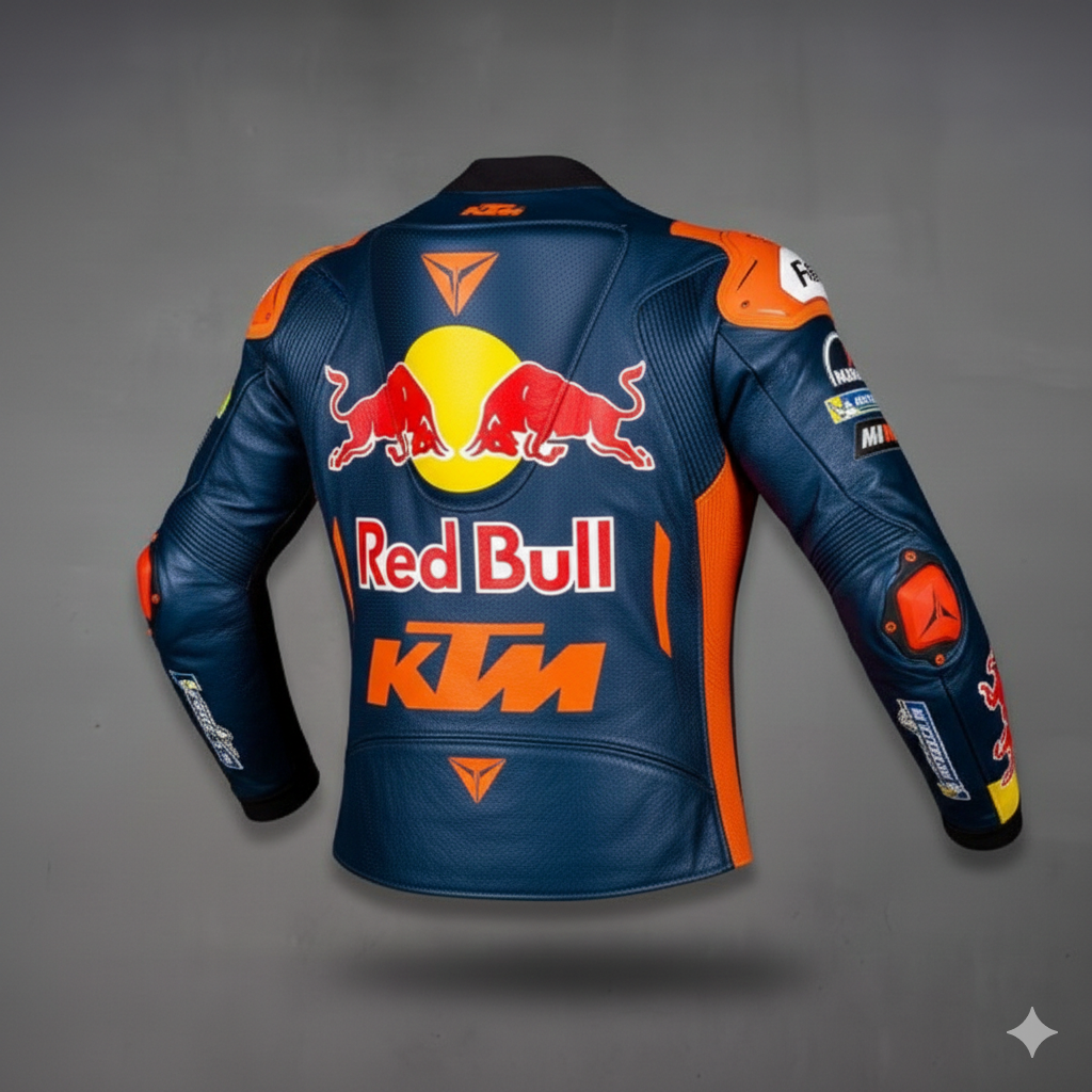 Detailed view of the Red Bull chest branding, Kawasaki wordmark, and technical perforated leather on a professional racing jacket.