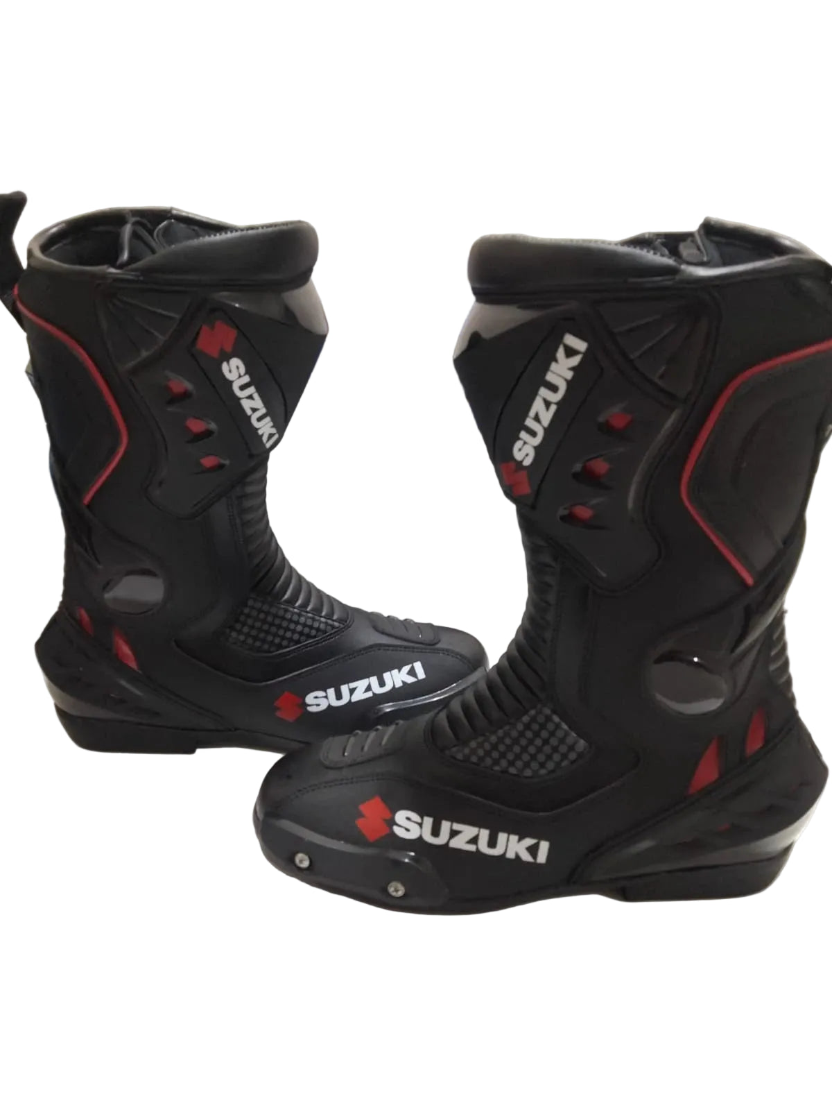 Suzuki stealth black leather motorcycle racing boots.