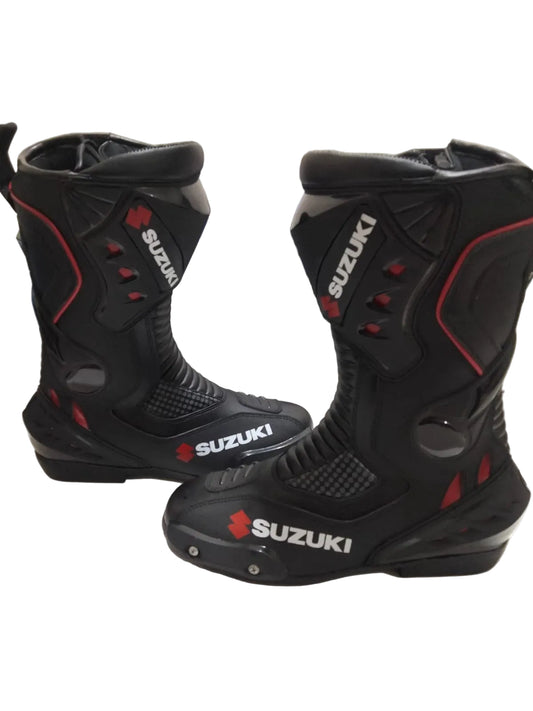 Suzuki stealth black leather motorcycle racing boots.