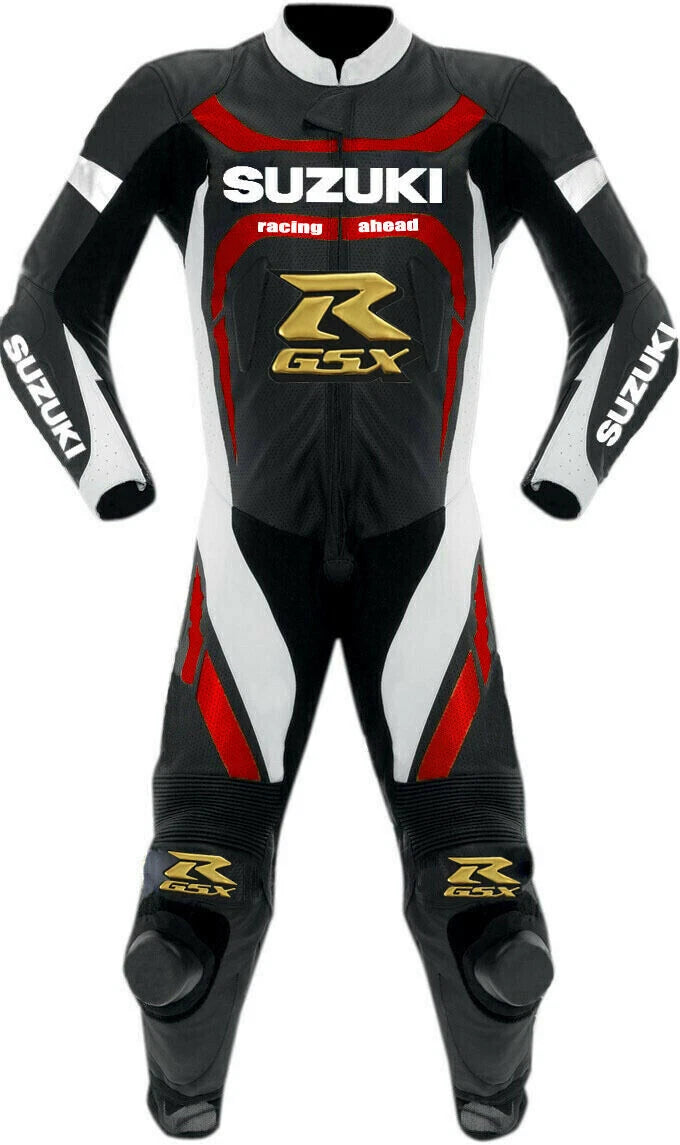 Suzuki GSX-R one-piece leather racing suit in black, red, and white with gold GSX-R branding and integrated armor.
