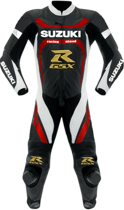 Suzuki GSX-R one-piece leather racing suit in black, red, and white with gold GSX-R branding and integrated armor.