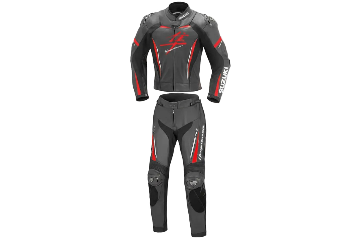 Suzuki Hayabusa two-piece leather racing suit in black and red with kanji logos and integrated armor.