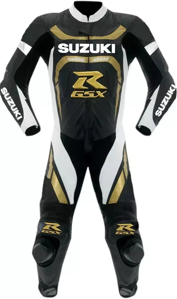 Suzuki GSX-R black and white leather motorcycle racing suit with gold graphics and integrated armor.