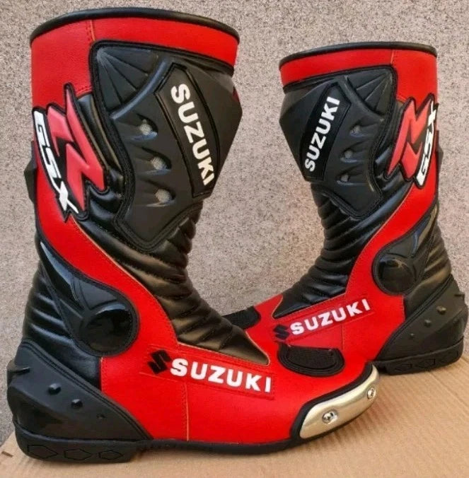 Suzuki GSX leather motorcycle racing boots in red and black