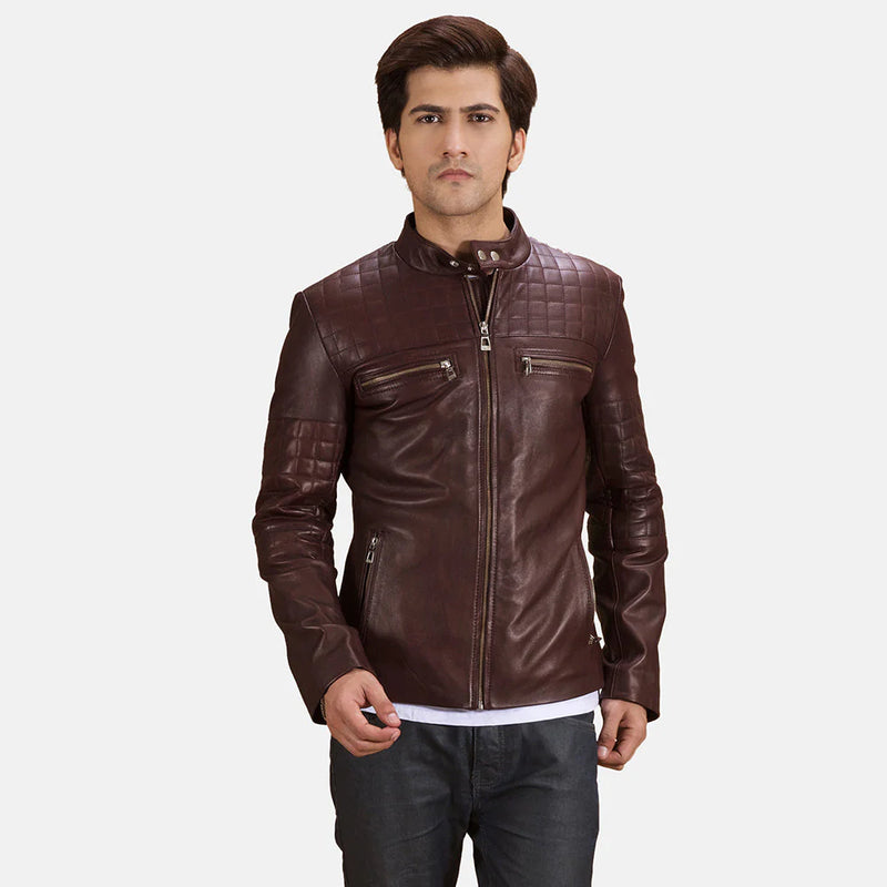 Men's Urbane Quilted Brown Leather Biker Jacket. Cafe racer style with diamond quilted shoulders and chest pockets."