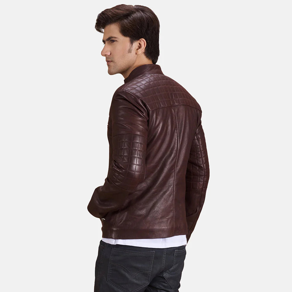 Stylish quilted brown leather jacket for men, offering a tailored fit and unique texture for a modern biker look."