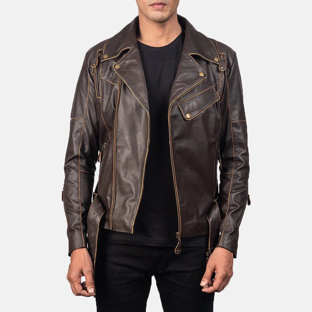 Front view of a brown leather double rider jacket, showing the asymmetrical zip, buckled straps, and light-colored contrast stitching.