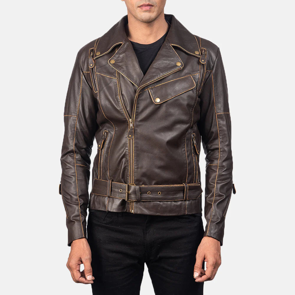 "Men's Vincent Vintage Brown Leather Biker Jacket. Double rider style with rub-off finish and contrast stitching.