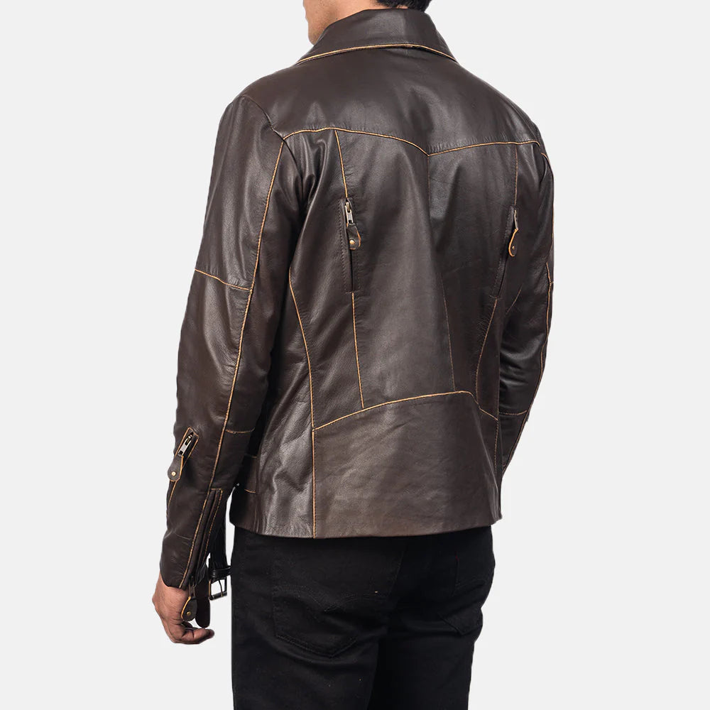 "Vintage brown double rider jacket. Rub-off leather, contrast stitch, motorcycle style.