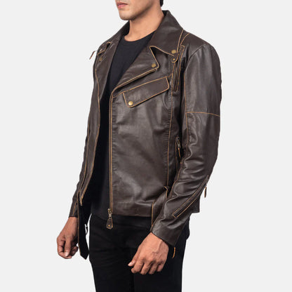 Unique  brown leather jacket for men, featuring a vintage rub-off finish and contrast stitching for rugged, stylish wear.