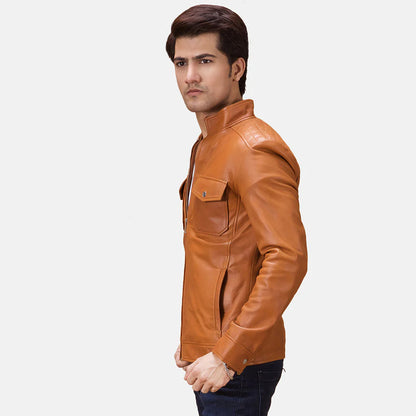 Bold and brown leather jacket for men, offering a high-impact color and soft sheepskin comfort.