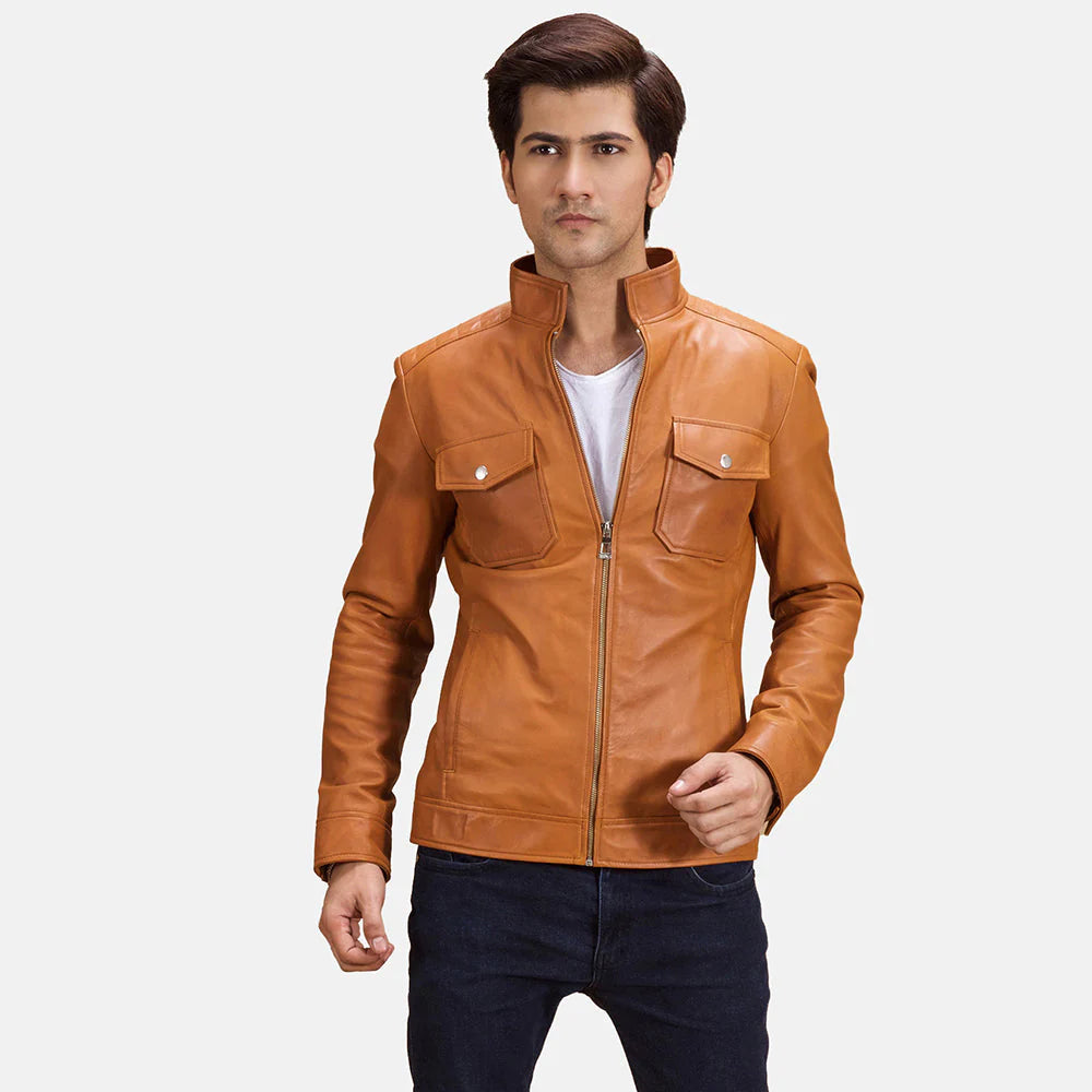 Men's Gatsby burnished brown leather biker jacket. Shiny cafe racer style with snap stand collar.