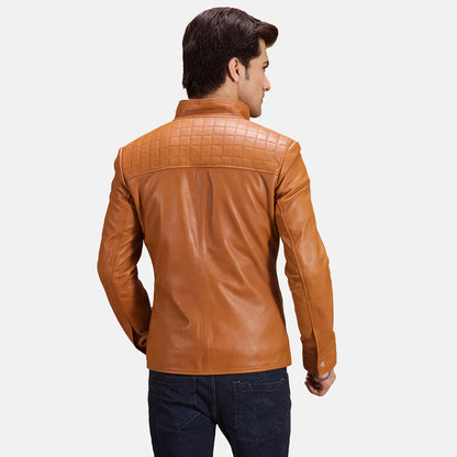 Brown leather cafe racer. Burnished finish, sheepskin, stand collar, unique color.