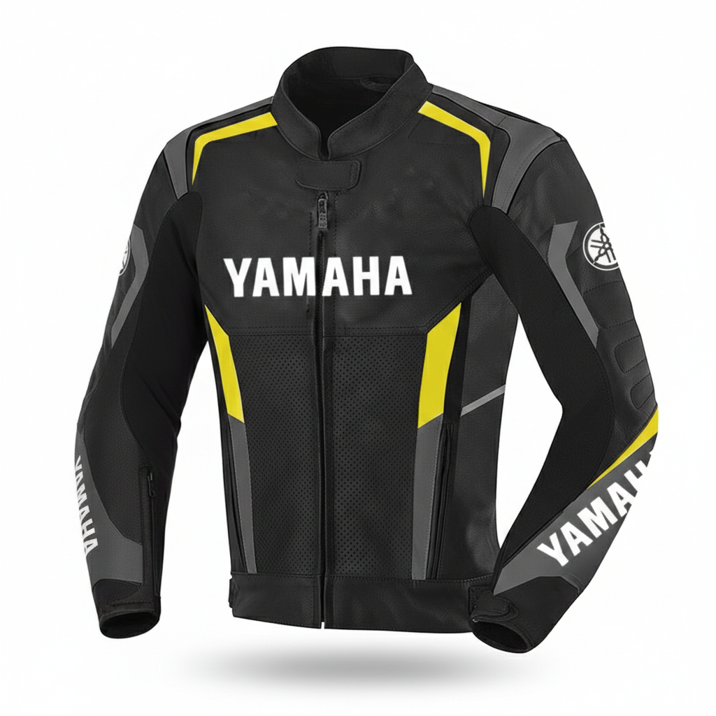 Yamaha black and yellow leather motorcycle racing jacket.
