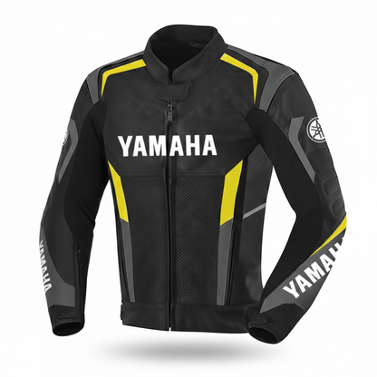 Yamaha black and yellow leather motorcycle racing jacket.