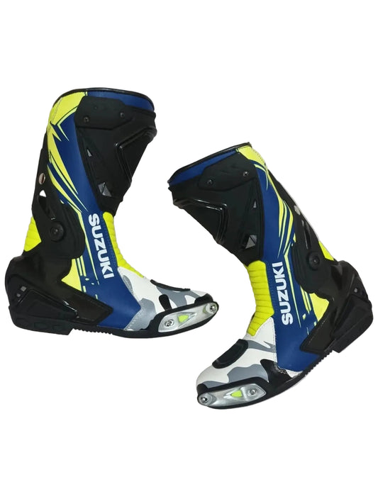 Suzuki GSX-R leather motorcycle racing boots.
